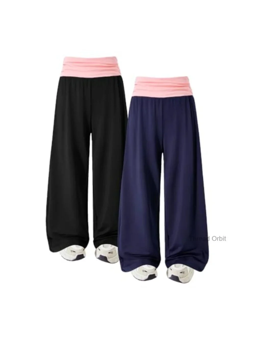 2-Piece Tween Girls Pants Set Contrast Foldover Elastic Waist Wide Leg